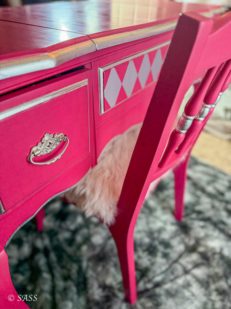 Hot Pink Vanity with Silver Leaf & Harlequin Design - La Vanité