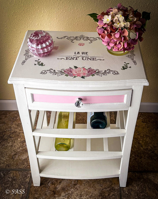 White Wine Cabinet w/ Pink Accents - La Petite Fleur