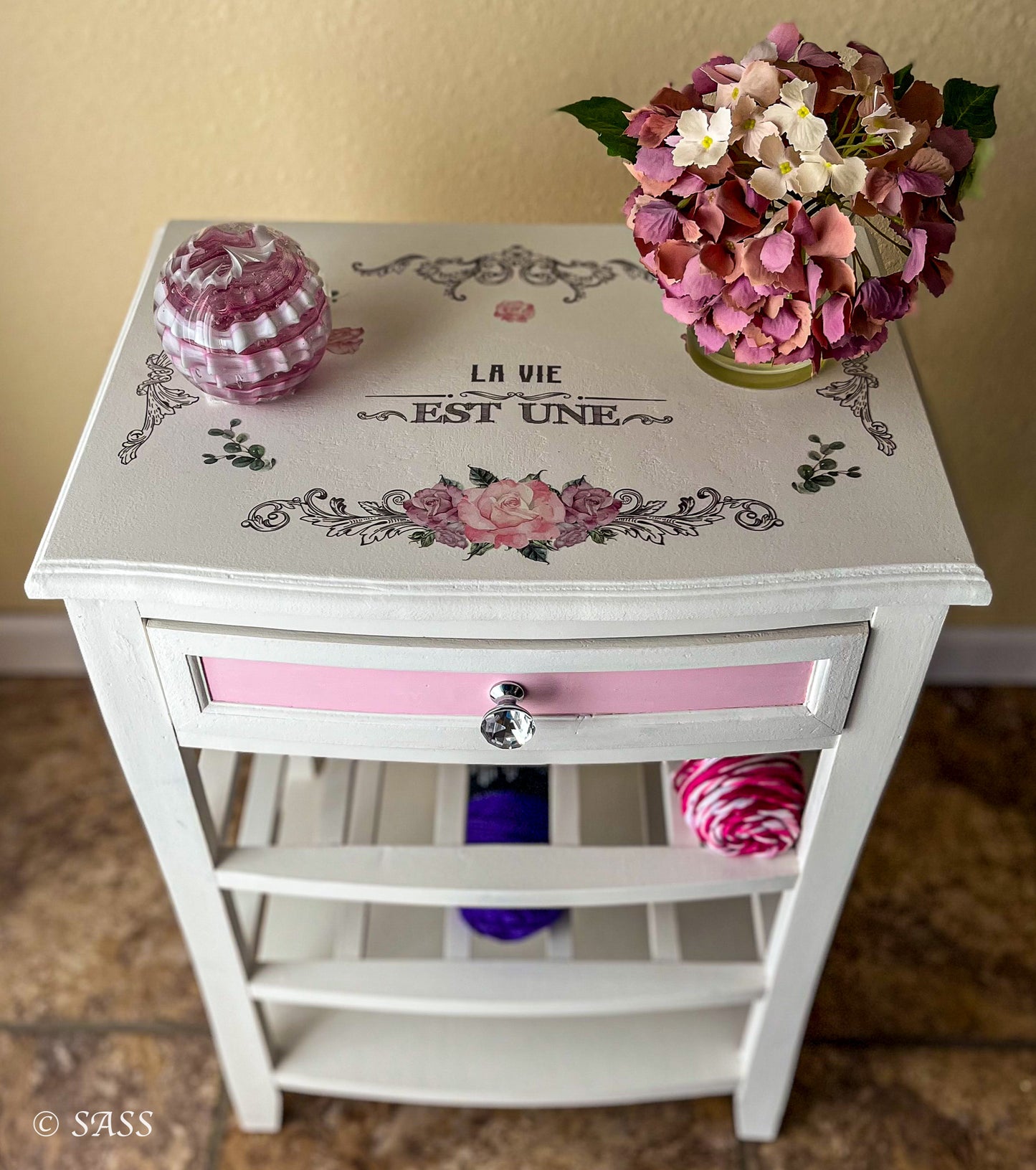 White Wine Cabinet w/ Pink Accents - La Petite Fleur