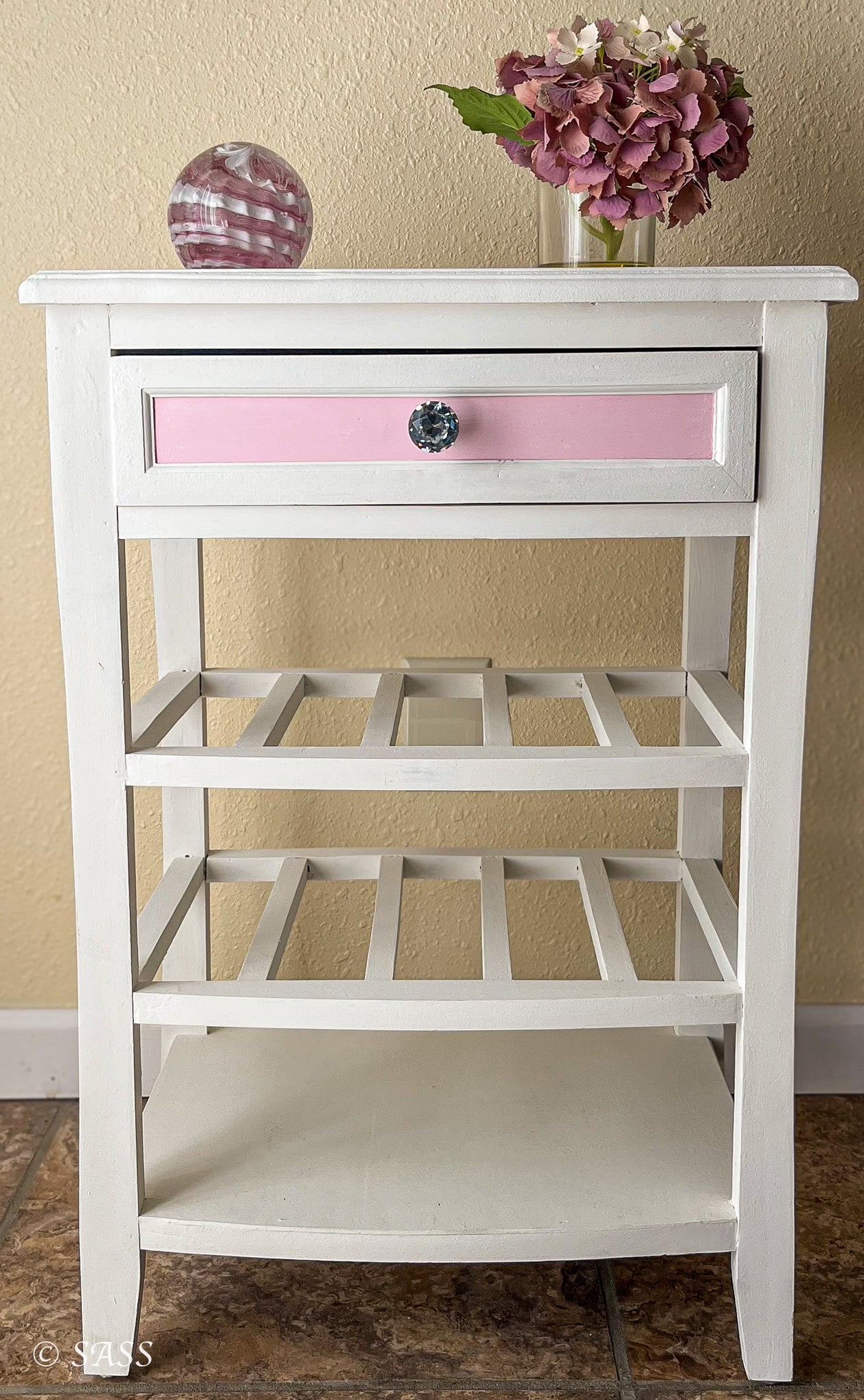 White Wine Cabinet w/ Pink Accents - La Petite Fleur