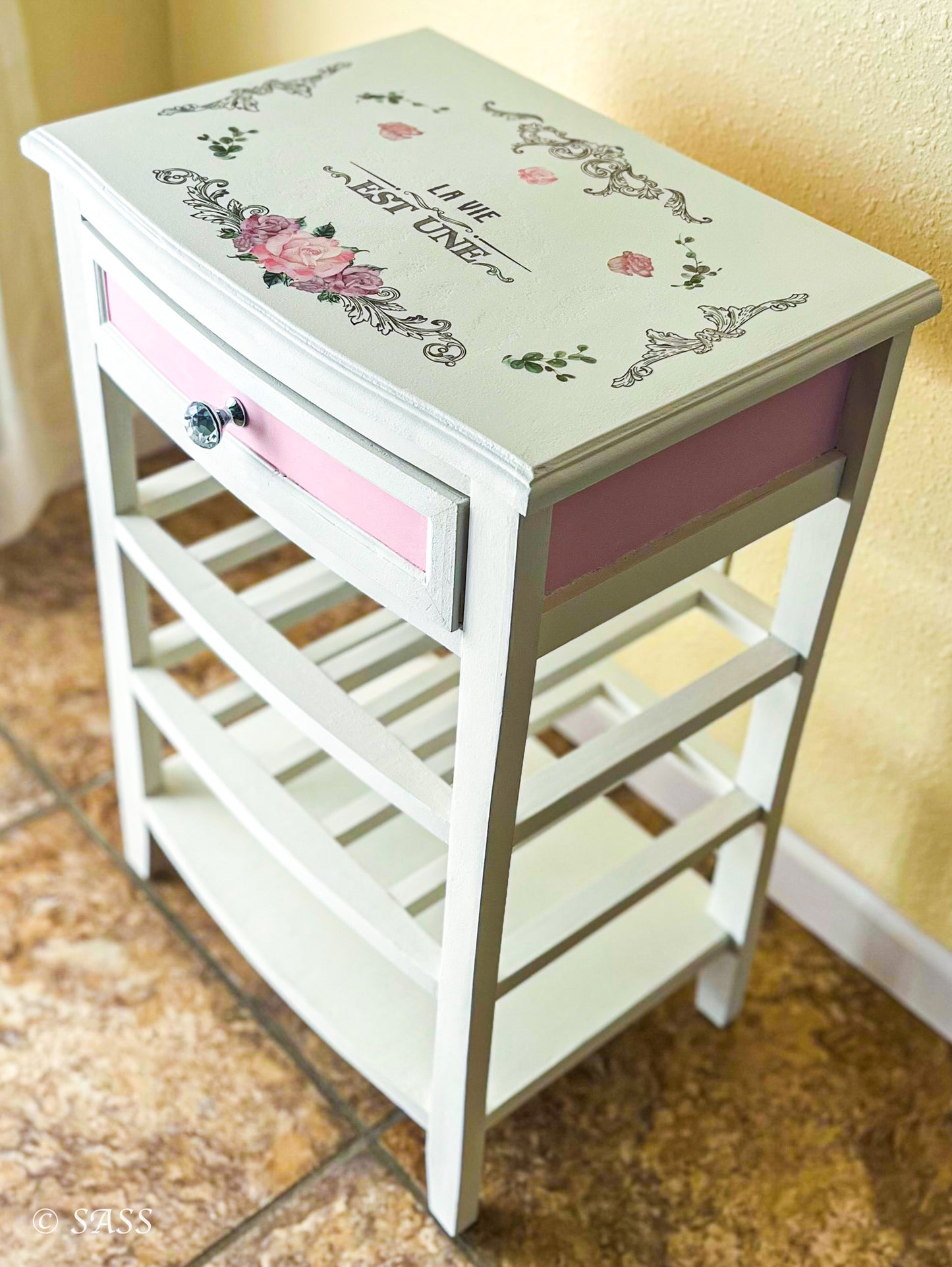 White Wine Cabinet w/ Pink Accents - La Petite Fleur