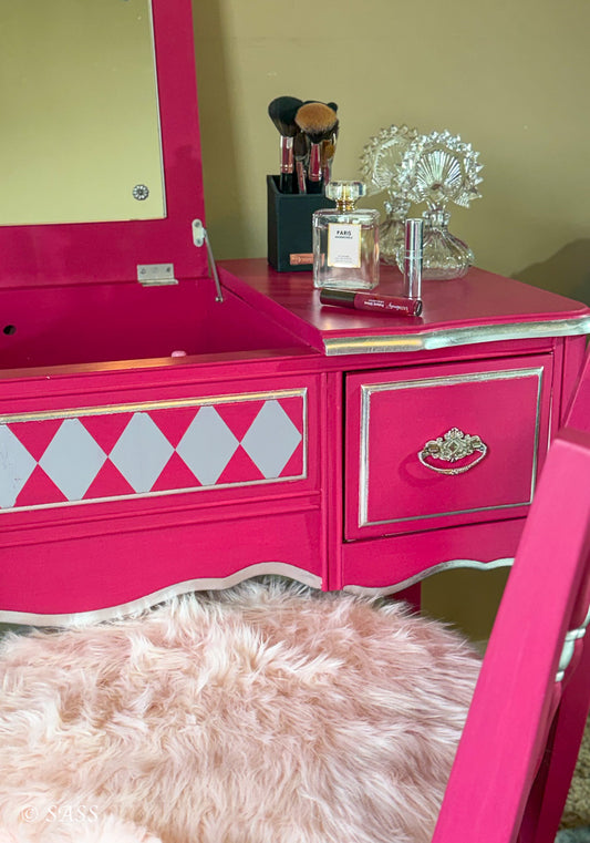 Hot Pink Vanity with Silver Leaf & Harlequin Design - La Vanité