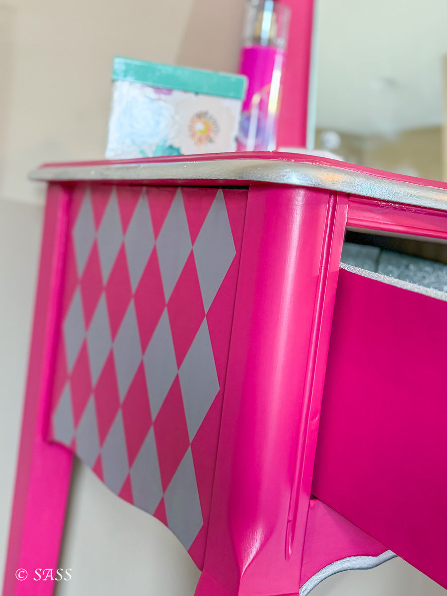 Hot Pink Vanity with Silver Leaf & Harlequin Design - La Vanité