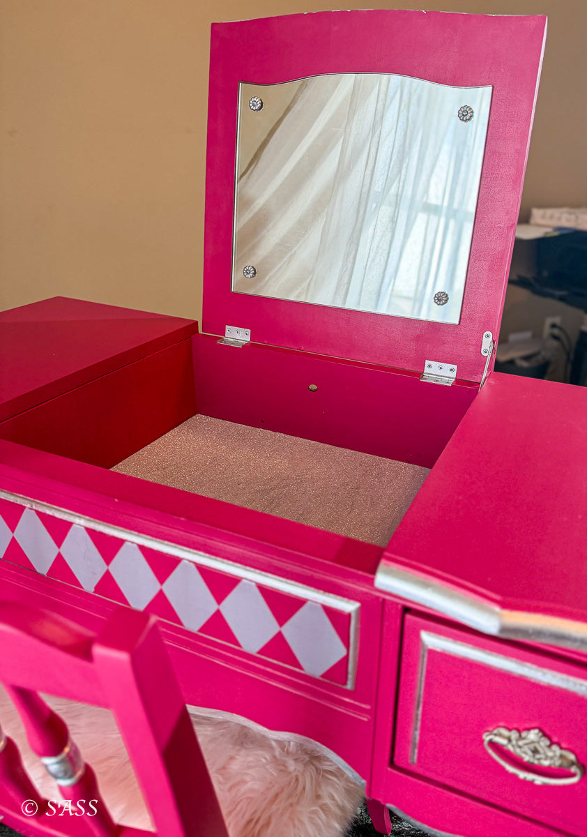 Hot Pink Vanity with Silver Leaf & Harlequin Design - La Vanité