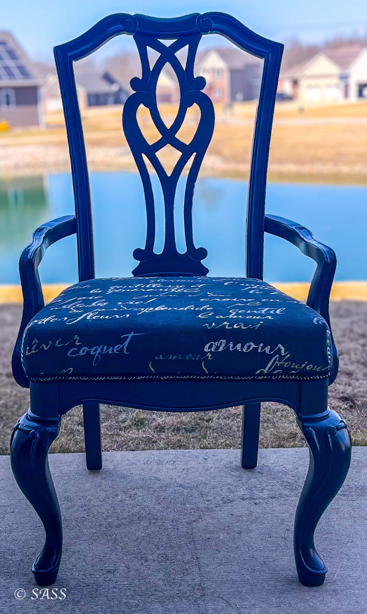 Elegant Harp-Back Chair with Literary Upholstery - Midnight Poésie Treasured & Rehomed