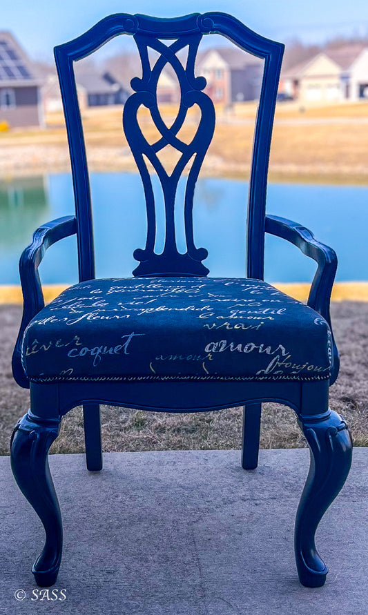 Elegant Harp-Back Chair with Literary Upholstery - Midnight Poésie Treasured & Rehomed