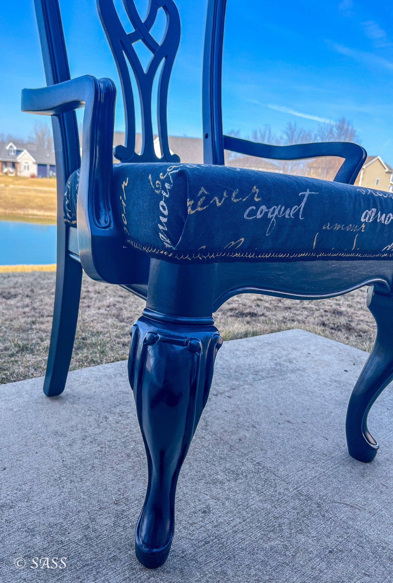 Elegant Harp-Back Chair with Literary Upholstery - Midnight Poésie Treasured & Rehomed
