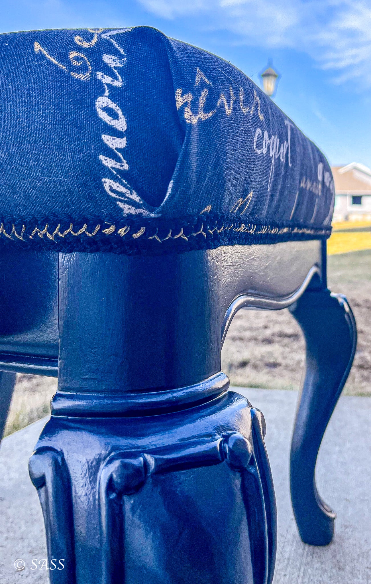 Elegant Harp-Back Chair with Literary Upholstery - Midnight Poésie Treasured & Rehomed