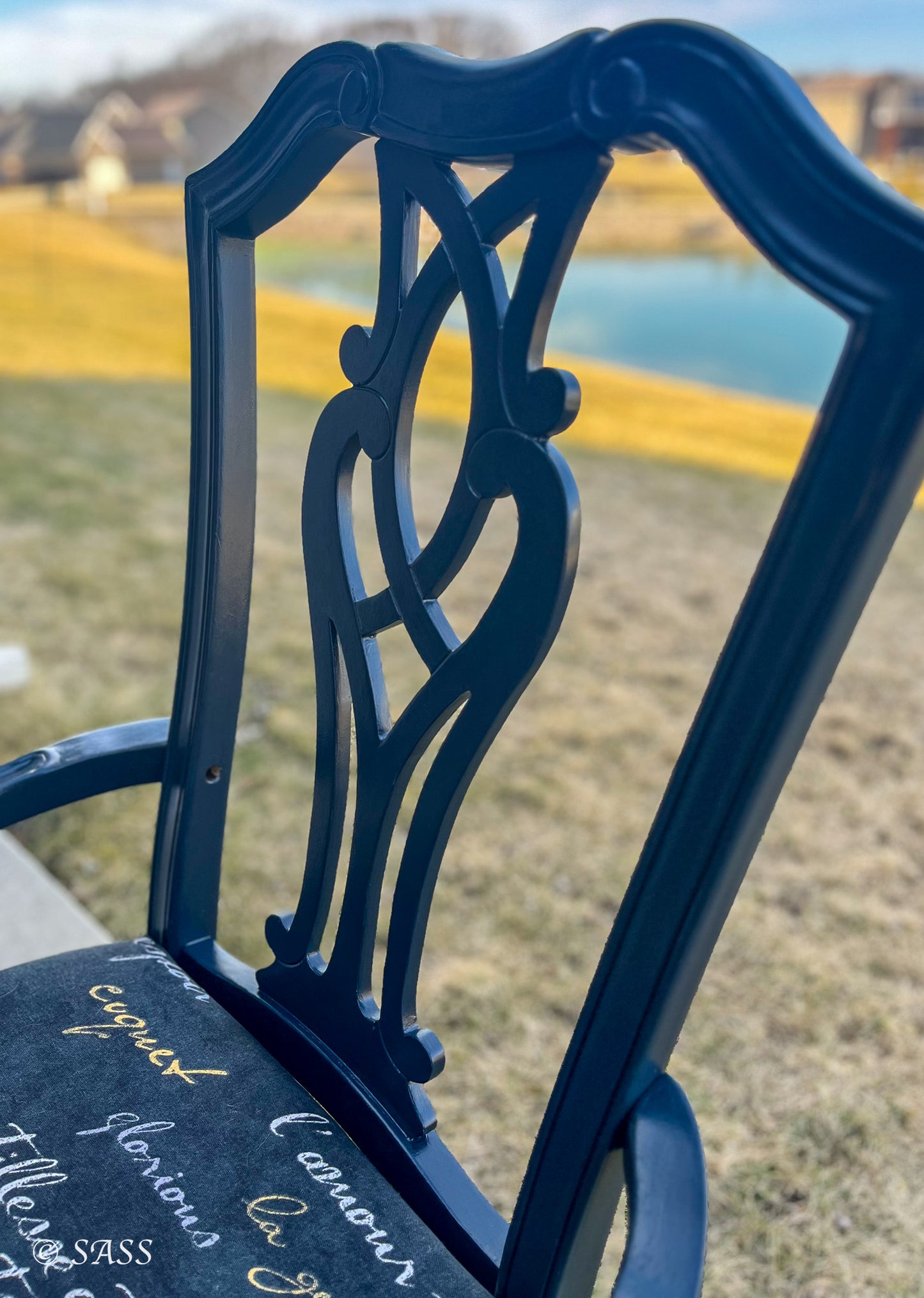 Elegant Harp-Back Chair with Literary Upholstery - Midnight Poésie Treasured & Rehomed