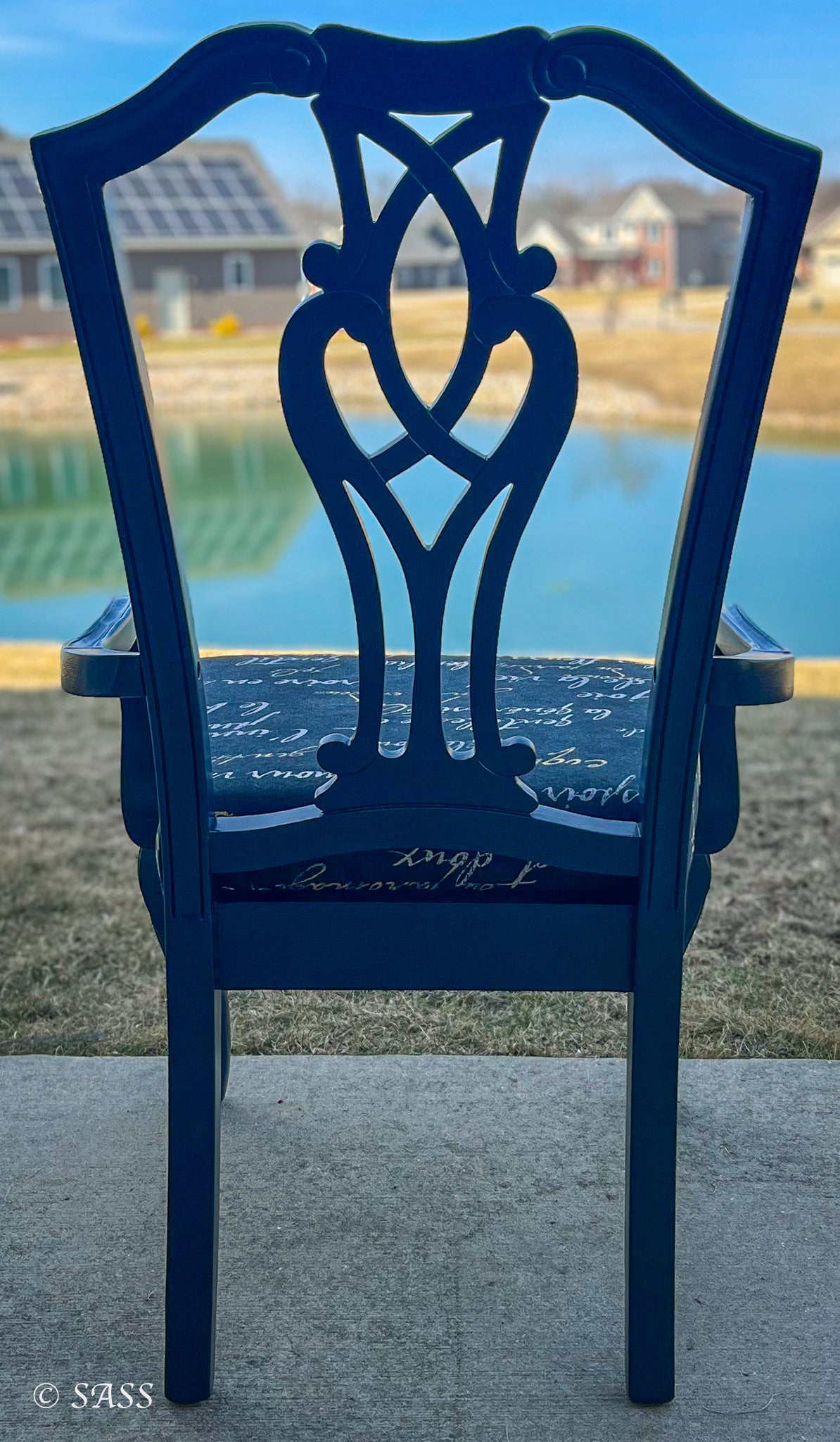 Elegant Harp-Back Chair with Literary Upholstery - Midnight Poésie Treasured & Rehomed