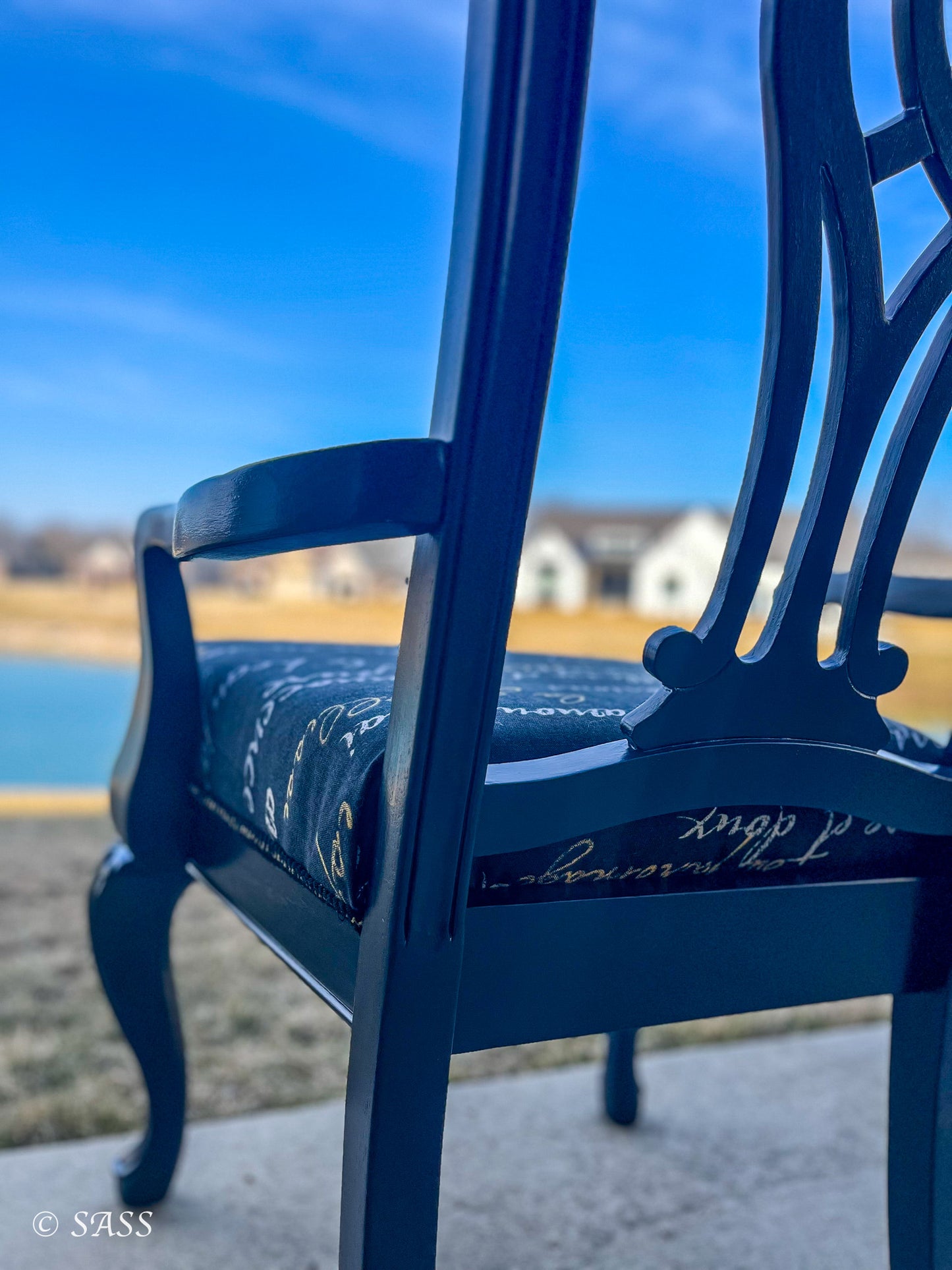 Elegant Harp-Back Chair with Literary Upholstery - Midnight Poésie Treasured & Rehomed