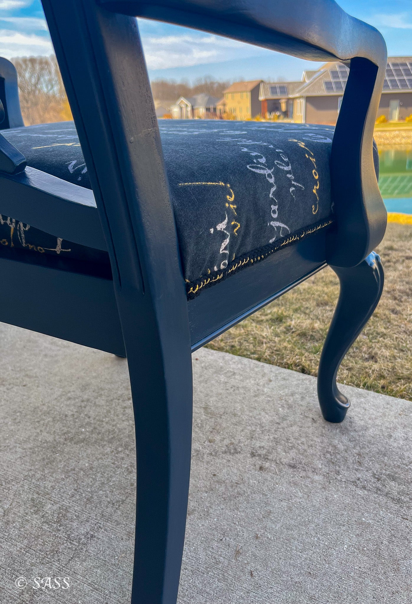 Elegant Harp-Back Chair with Literary Upholstery - Midnight Poésie Treasured & Rehomed