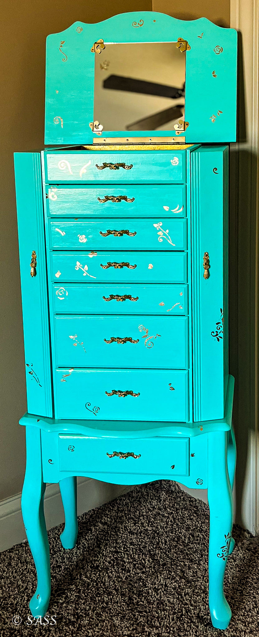 Luxury Jewelry Armoire with Gold Floral Embellishments - La Dauphine Bijouterie