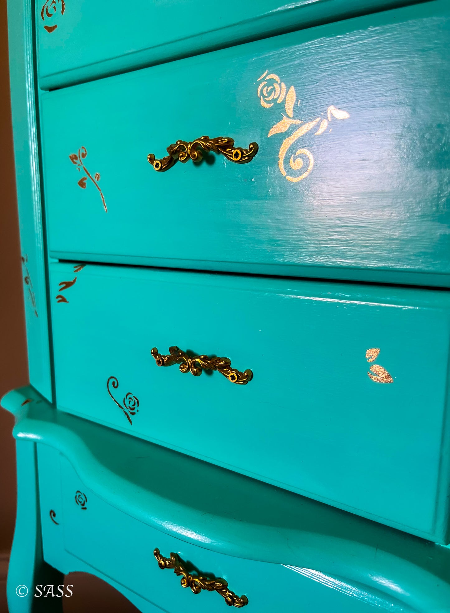 Luxury Jewelry Armoire with Gold Floral Embellishments - La Dauphine Bijouterie