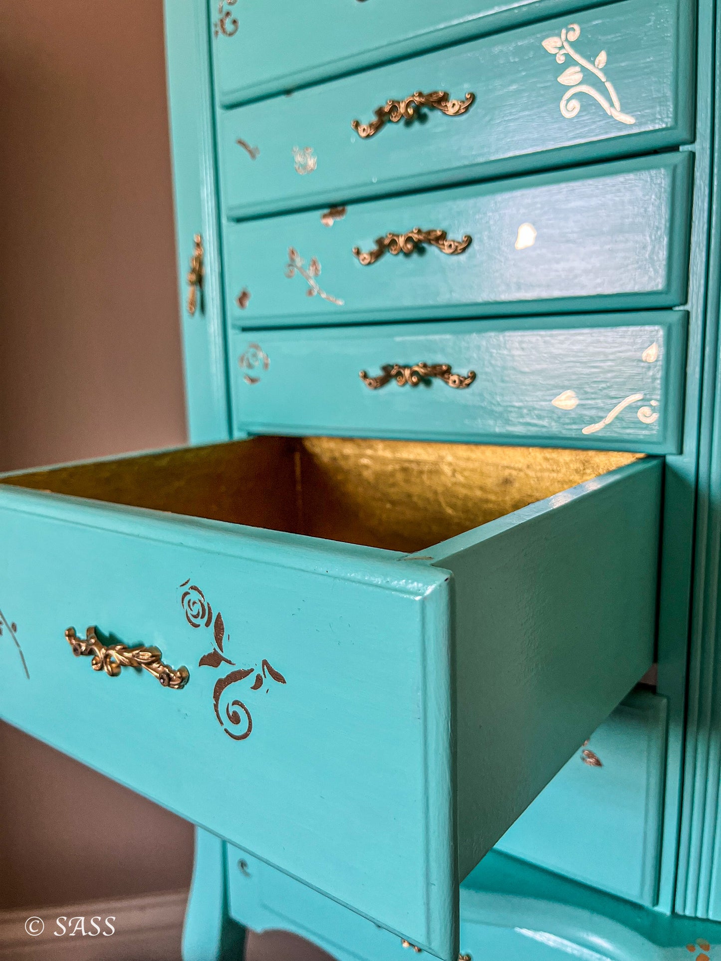 Luxury Jewelry Armoire with Gold Floral Embellishments - La Dauphine Bijouterie
