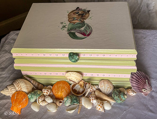 Whimsical Jewelry Box with Cat-Mermaid Design - The Purrmaid's Treasure Chest